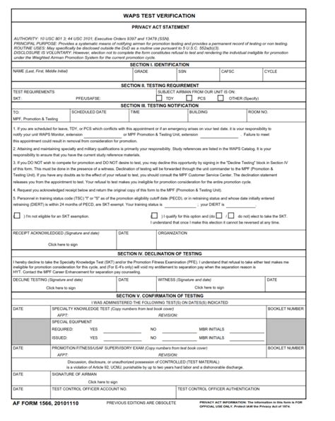 Af Form 1566 Waps Test Verification Finder Doc