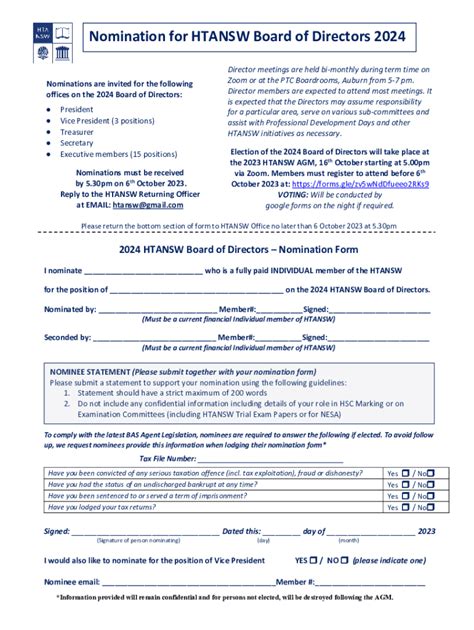 Fillable Online Htansw Asn Board Of Directors Nomination And Election