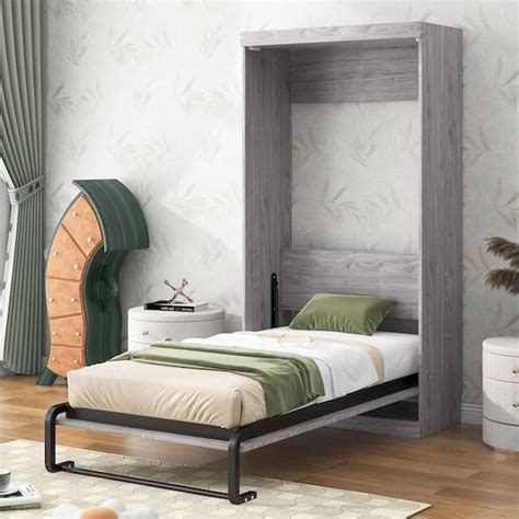 Harper Bright Designs Gray Wood Frame Twin Size Murphy Bed Folded