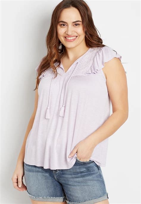 Plus Size Lavender Lace Yoke Tassel Top Maurices