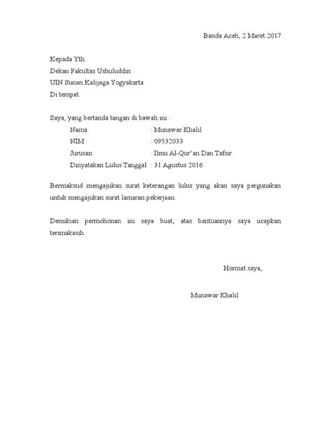 Surat Permohonan Surat Keterangan Lulus