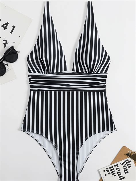 Striped Plunging One Piece Swimsuit Shein Usa