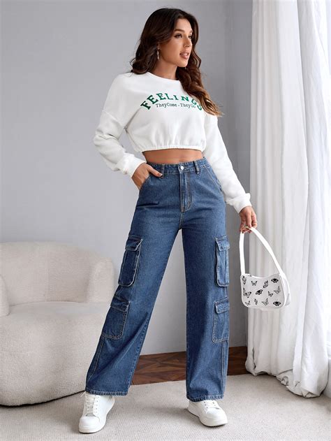 High Waisted Flap Pocket Cargo Jeans Shein Usa