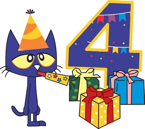 a cartoon cat with a birthday hat holding a present in front of the ...