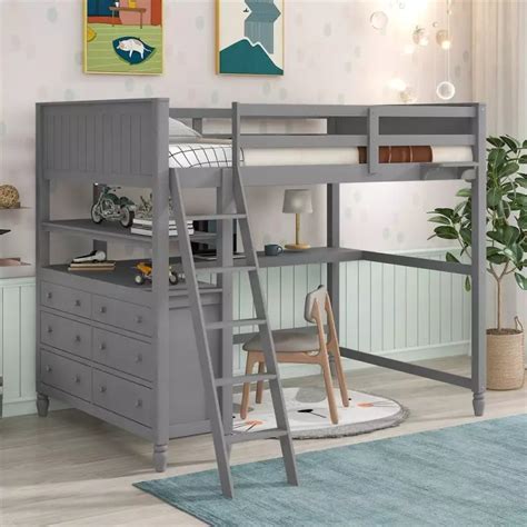 Merax Wooden Twin Full Loft Bed With Drawers And Desk Shelves Vigshome