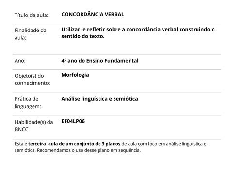 Concord Ncia Verbal Planos De Aula Ano L Ngua Portuguesa