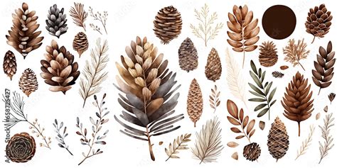 Set of Pine cone and branches watercolor collection of hand drawn, Pine cone brown color, Pine ...