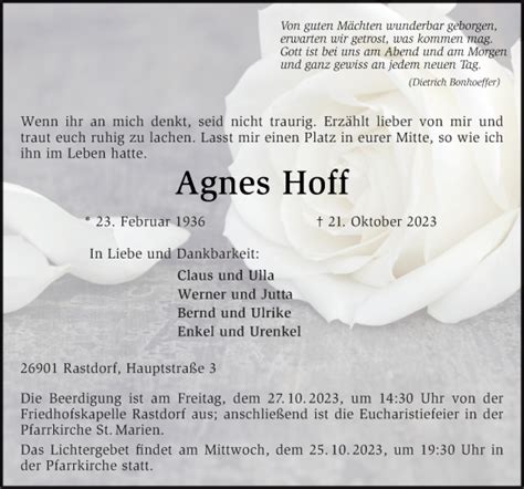 Traueranzeigen Von Agnes Hoff Noz Trauerportal