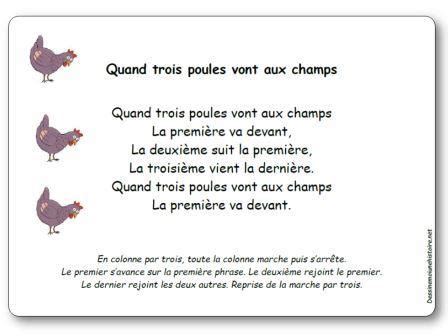 Comptine Quand trois poules vont aux champs Paroles illustrées