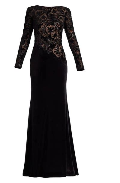 Tadashi Shoji Sequin Floral Illusion Velvet Gown In Black Beige Modesens