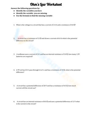 Ohm's law worksheets