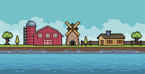 Pixel art landscape farm on the coast with house, barn, silo and mill ...