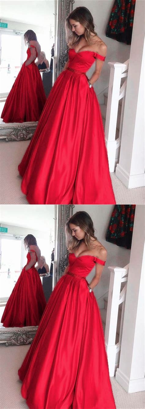 Satin V Neck Prom Long Dresses Off Shoulder Evening Gowns Beaded Sashes