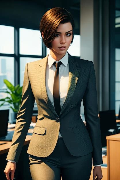 Premium Photo | A business woman in a suit and tie stands with a window ...