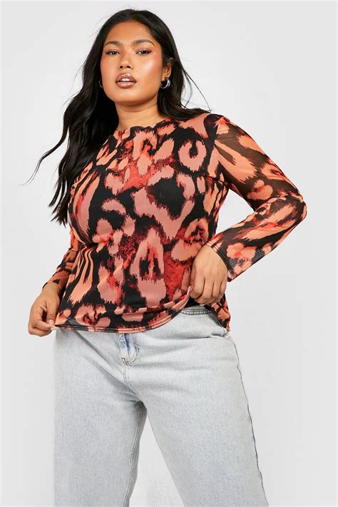 Plus Leopard Mesh Long Sleeve Top Boohoo Uk