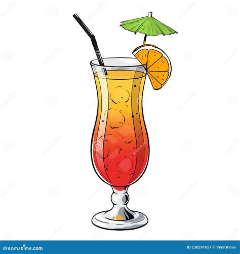 Cocktail Sex On The Beach Hand Drawn Alcohol Drink With Orange Slice