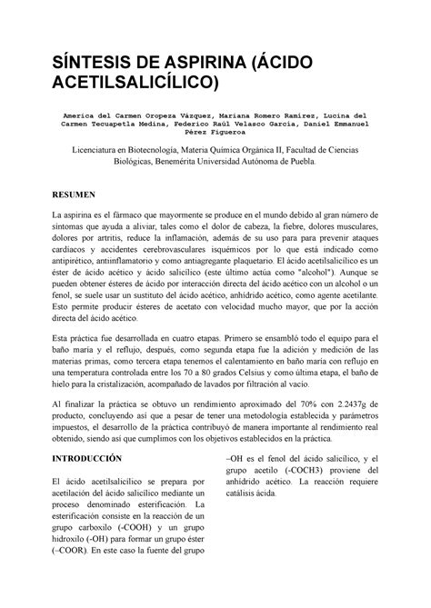 Practica 3 Aspirina SÍNTESIS DE ASPIRINA ÁCIDO ACETILSALICÍLICO