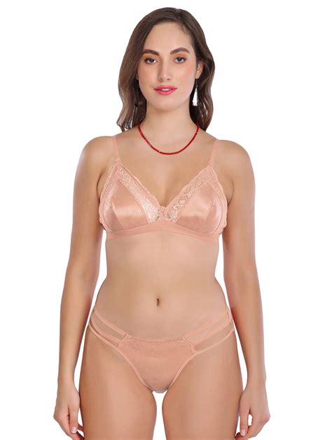 Buy Online Peach Lace Work Bra And Panty Set From Lingerie For Women By