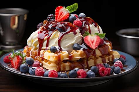 Premium Ai Image Vibrant Morning Golden Waffles Fresh Fruits And Ice