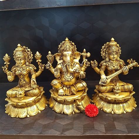 Brass Ganesha Lakshmi Saraswathi Set Idols- 10" - Brass God Idols ...