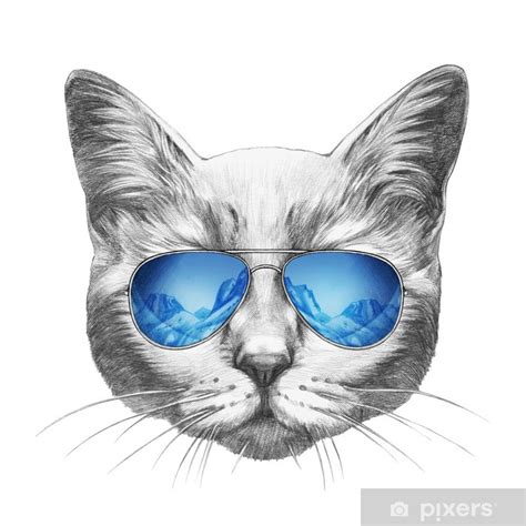 Vinilo Pixerstick Retrato De Gato Con Gafas De Sol De Espejo Dibujado