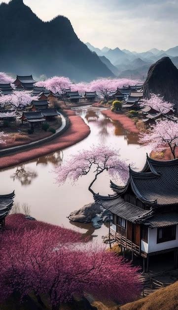 Premium AI Image | A chinese village with a river in the foreground and ...