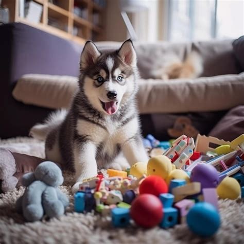 Premium AI Image | cute puppy playing with his toys in living room ...