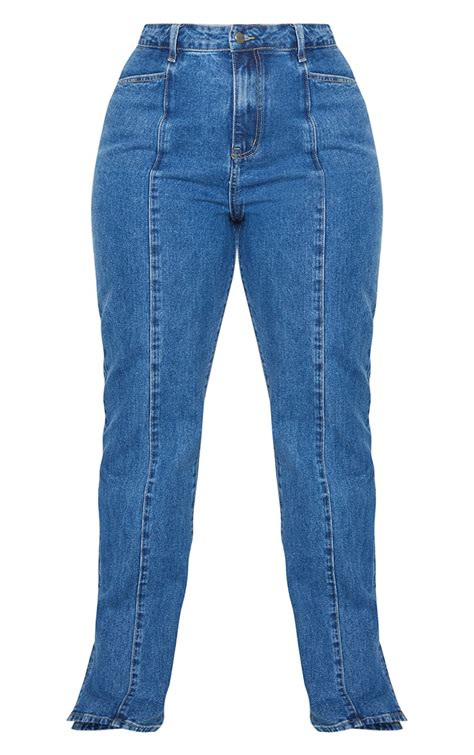 Plus Mid Blue Wash Seam Straight Long Leg Jeans Prettylittlething