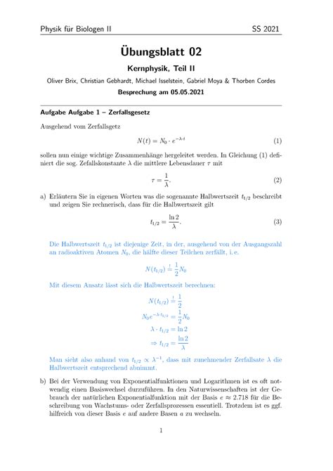 Physik II für Biologen Übungen Lösungen 02 SoSe2020 Ubungsblatt 02