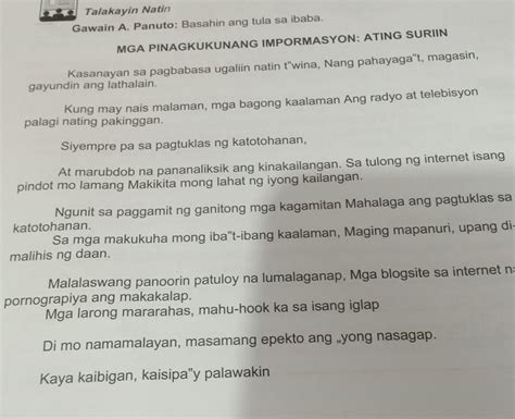 Mga Gabay Na Tanong 1 Tungkol Saan Ang Tulang Inyong Binasa