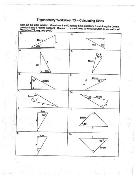 Trigonometry Worksheet T3 Calculating Sides