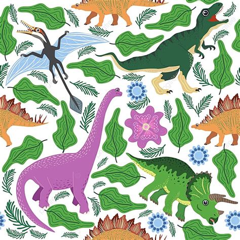 Hand Drawn Seamless Pattern With Dinosaurs And Tropical Leaves And