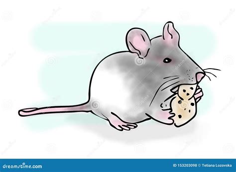 Color Sketch Of Rat Eating A Piece Of Cheese On Blue Background