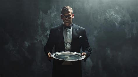 Premium Photo Butler In Tuxedo Holding Silver Tray On Dark Background