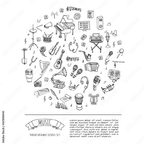 Hand Drawn Doodle Music Set Vector Illustration Musical Instrument And