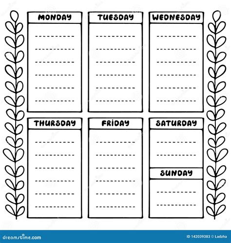 Hand Drawing Black And White Weekly Planner Template Cartoon Vector 142039383