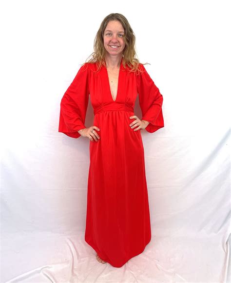 Vintage 70s 1970s Vanity Fair Qiana Nylon Red Lingerie Nightgown Maxi Caftan Dress Vanity Fair