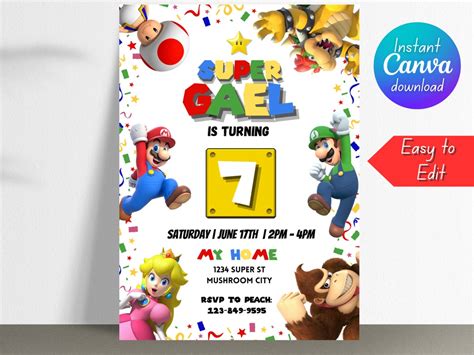 Super Mario Birthday Invitation Super Mario Bros Instant Download Super