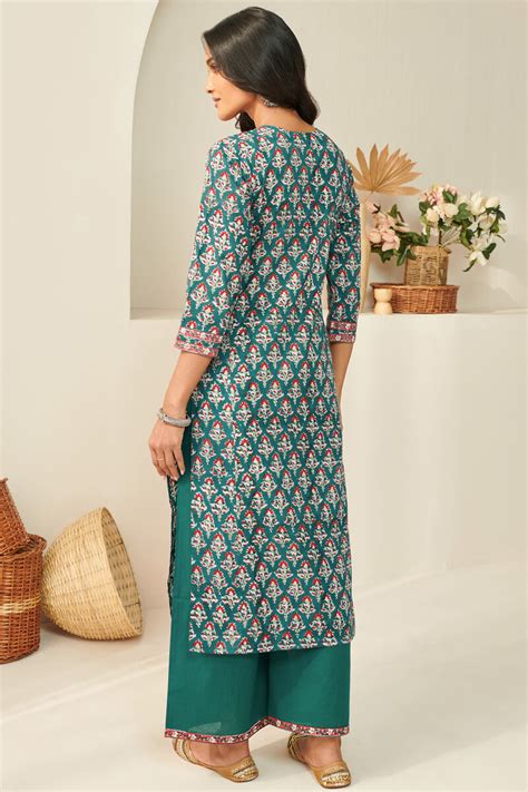 Buy Green Hand Block Printed Straight Cotton Kurta For Women Fgmk23