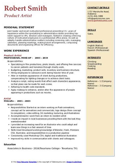 Artist Resume Samples Qwikresume