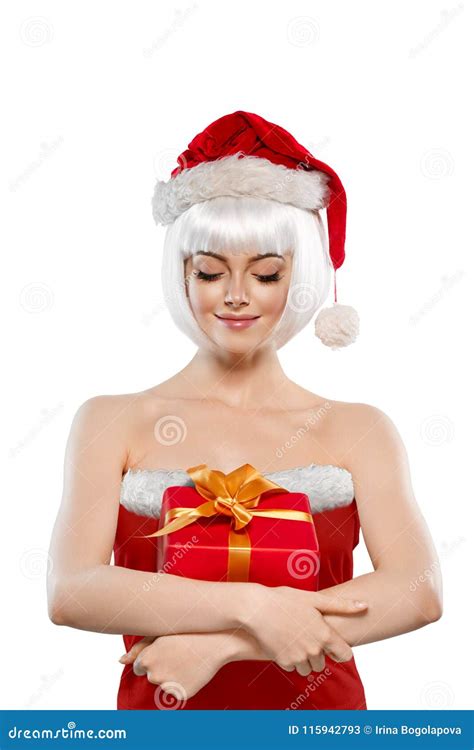 Christmas Woman With Gift Box Blonde Female Portrait Stock Image