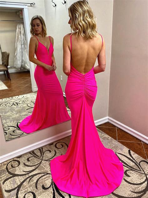 V Neck Hot Pink Mermaid Long Prom Dresses Hot Pink Mermaid Formal Eve