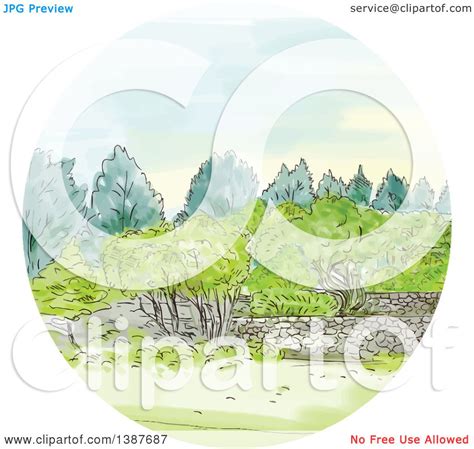 Clipart Of A Watercolor Styled Cornwall Park Landscape In A Circle