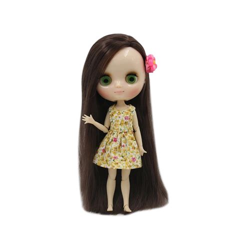 Middle Blyth Nude Doll 20cm Joint Body Shine Face Long Straight Brown Hair Side Cut 1 8 With