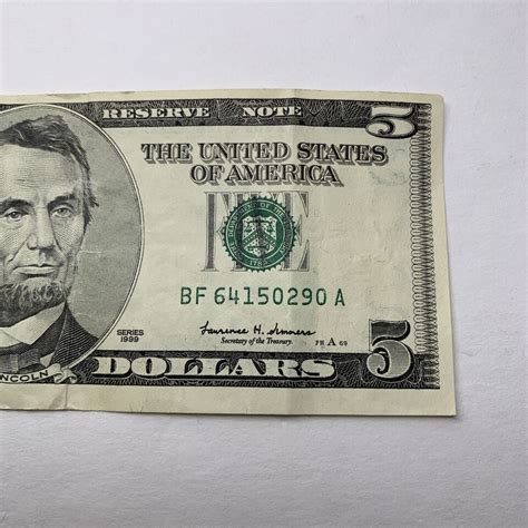 5 Five Dollar Bill 1999 Offset Miscut Severely Off Center Error