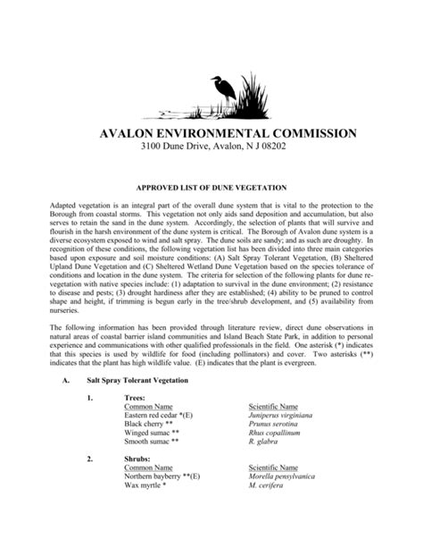 Avalon Approved List Of Dune Vegetation