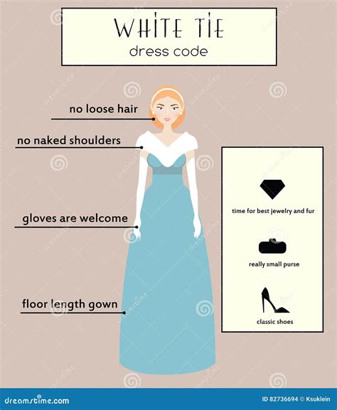 Woman Dress Code Infographic. White Tie. Female in Evening Long Gown