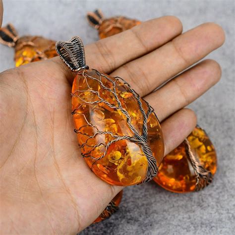 Cheap Baltic Amber Gemstone Pure Copper Wire Wrap Handmade Jewelry