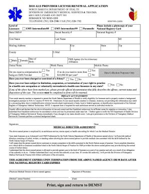 Fillable Online Ndhealth 2010 ALS PROVIDER LICENSE RENEWAL APPLICATION