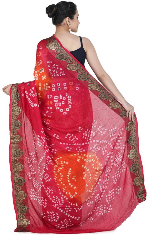 Spicy Orange Bandhani Sari From Rajasthan With Zari Weave On Border Exotic India Art